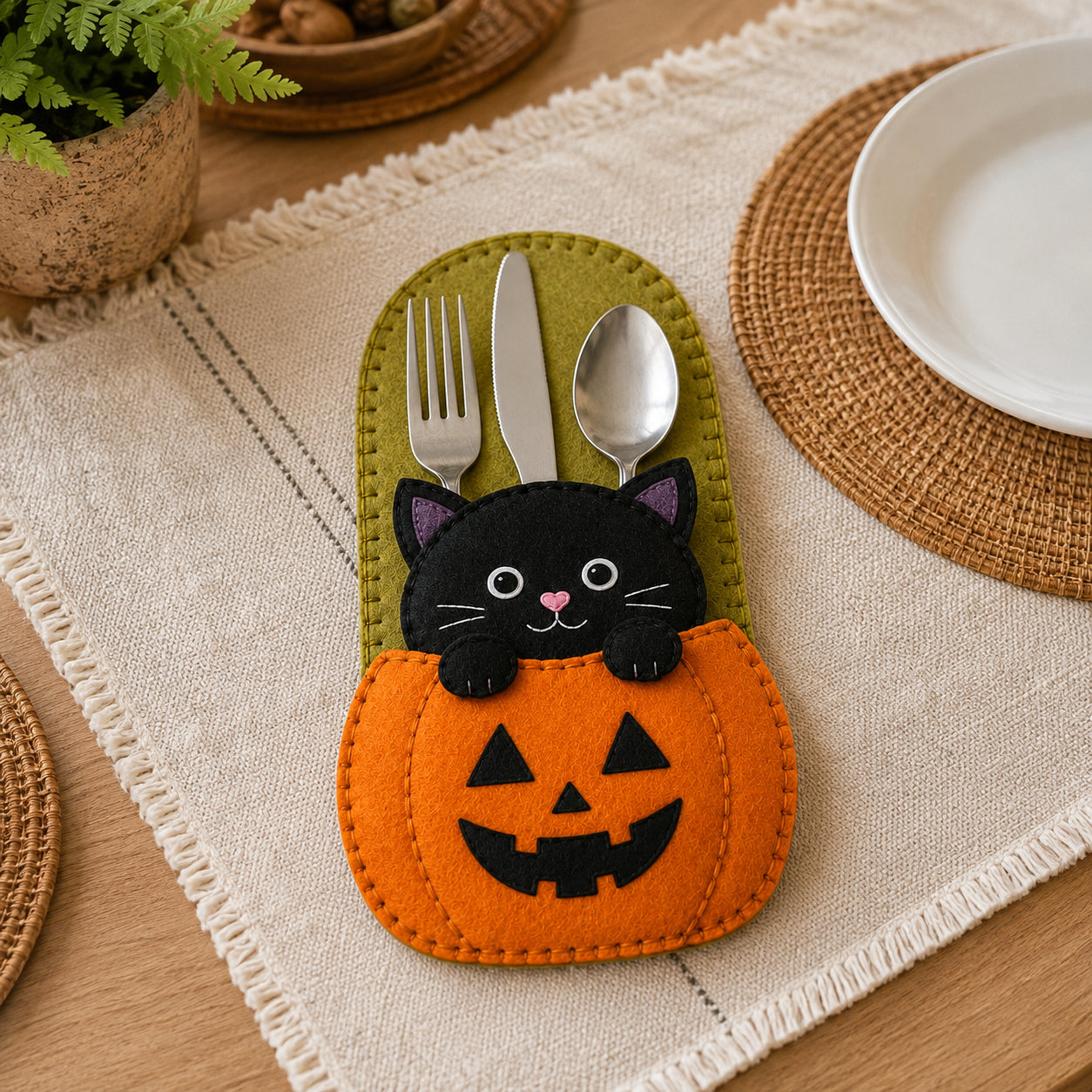 Halloween Black Cat Pumpkin Felt Cutlery Holder, Handmade Black Cat Silverware Holder, Halloween Table Decor, Cutlery Pocket, Holiday Dining Decor FELTCH04
