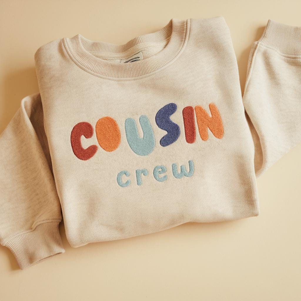 Embroidered Cousin Crew Sweatshirt, Kids Retro Embroidery Shirt, Matching Family Outfits, Personalized Toddler Baby Gift, Baby Shower Gift