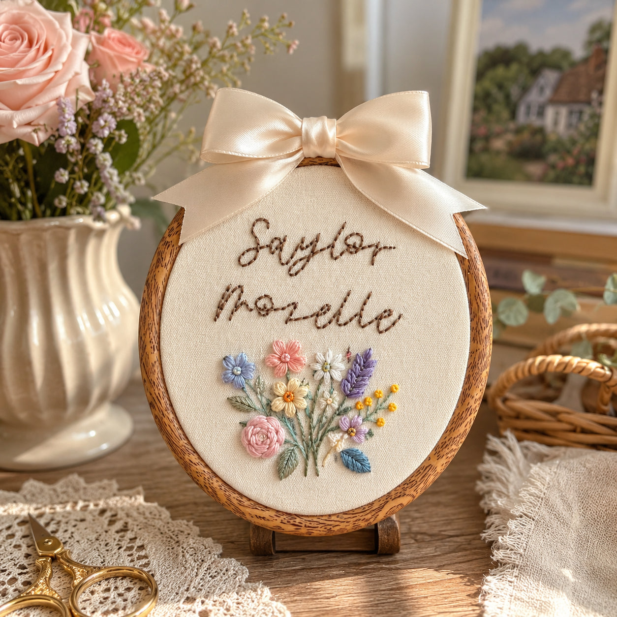 Personalized Embroidered Floral Baby Announcement Sign, Baby Birth Announcement, Newborn Name Plate, Baby Name Sign, Baby Shower Gift, Birthday Sign Decor EM03