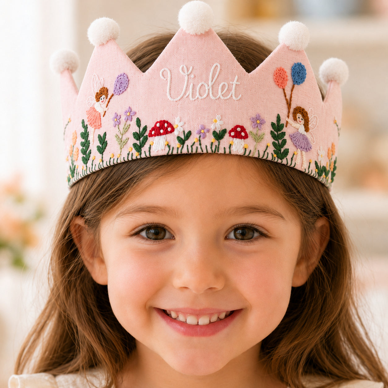 Hand-Embroidered Floral And Angel Linen Birthday Crown, Personalized Floral Name Keepsake, Birthday Crown For Kid, Custom Embroidered Crown EMC03