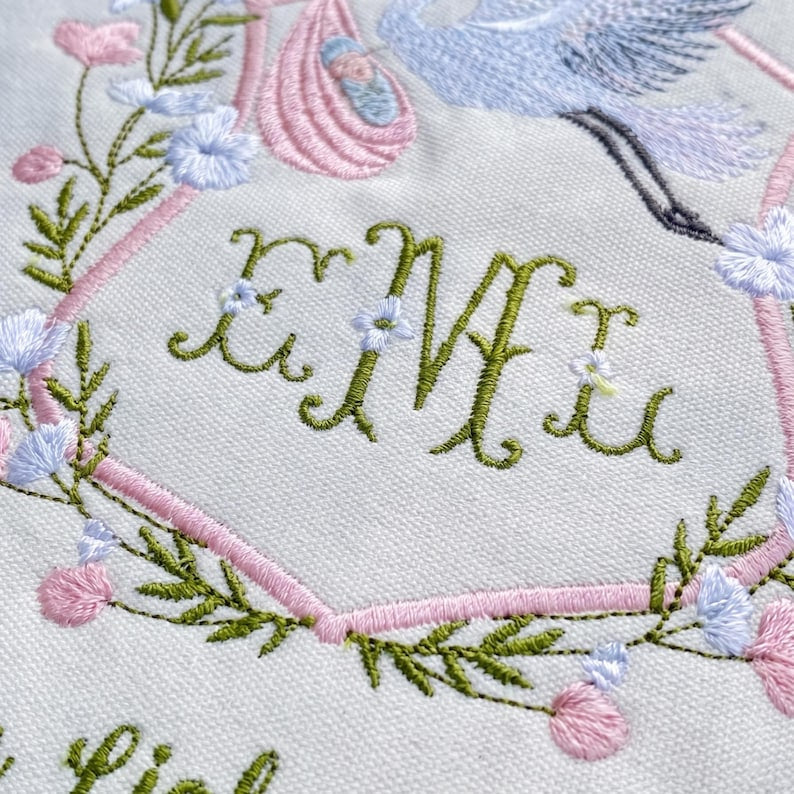 Personalized Embroidered Baby Name Banner, Custom Nursery Pennant with Floral Stork Design, Newborn Gift & Baby Shower Decor BBFLAG04