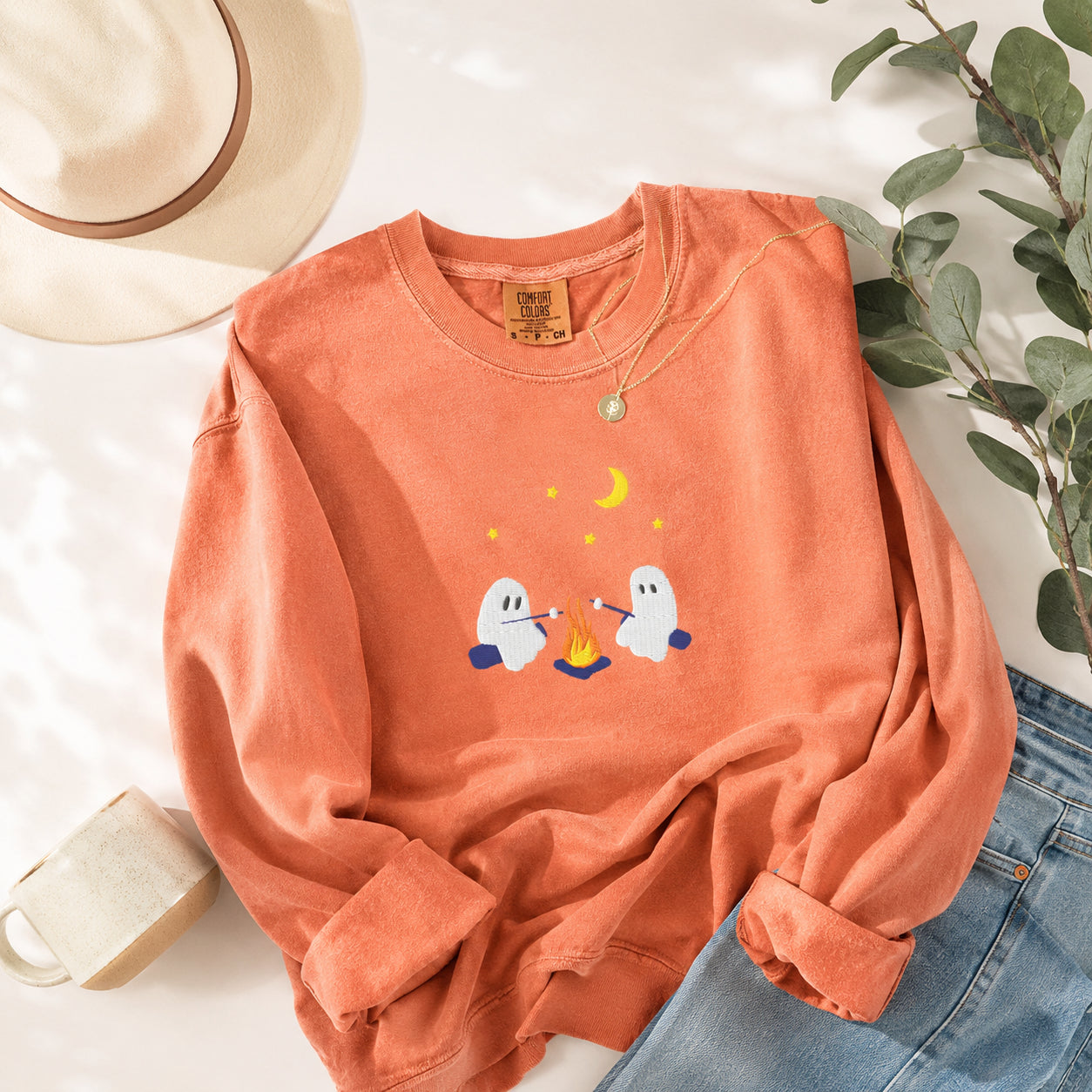 Cute Ghosts Camping Embroidered Shirt, Spooky Season Outdoors Gifts, Halloween Vintage Embroidery Shirt, Unisex Shirt HLEM04