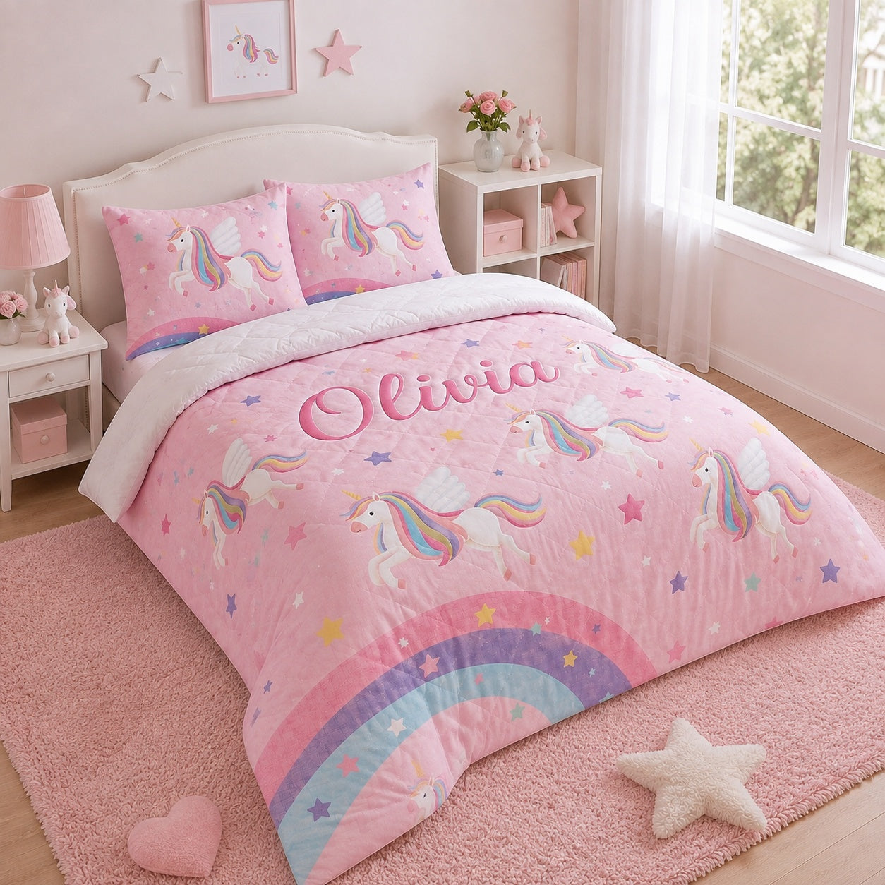 Unicorn Quilted Bedding Set, Unicorn Blanket, Custom Pink Rainbow Quilt Set with Pillow Covers, Magical Girls Bedroom Decor QBEDSET03