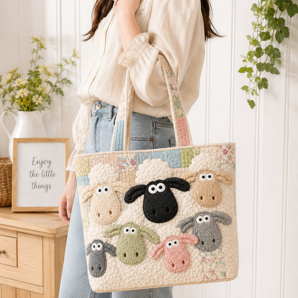 Cute Sheep Quilted Tote Bag, Colorful Sheep Shoulder Bag, Animal Pattern Art Tote, Fabric Tote Bag, Gift Bag QTOTE29