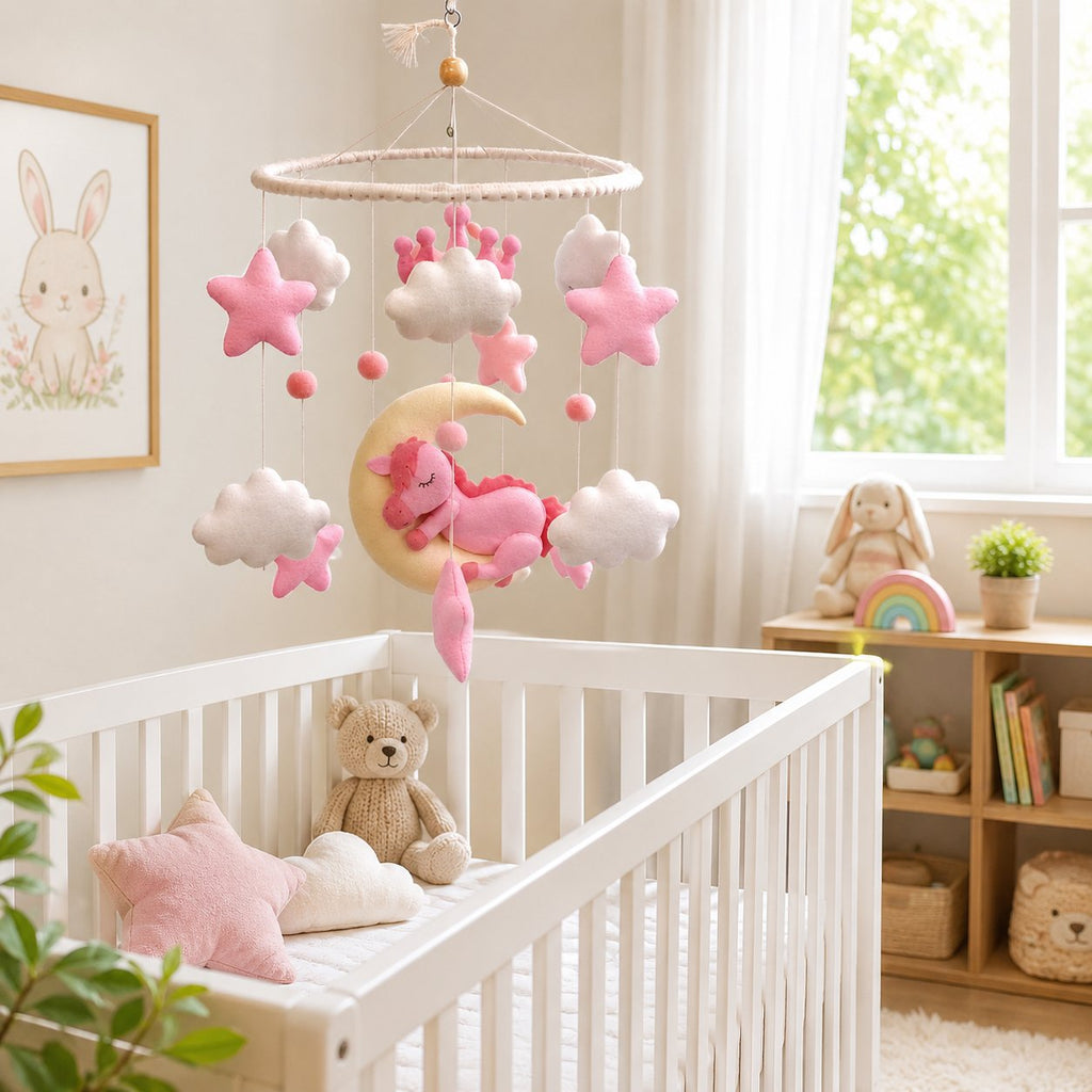 Pink Unicorn Felt Baby Mobile, Moon Star and Cloud Crib Mobile, Princess Baby Girl Nursery Decor, Baby Shower Gift BBMB22