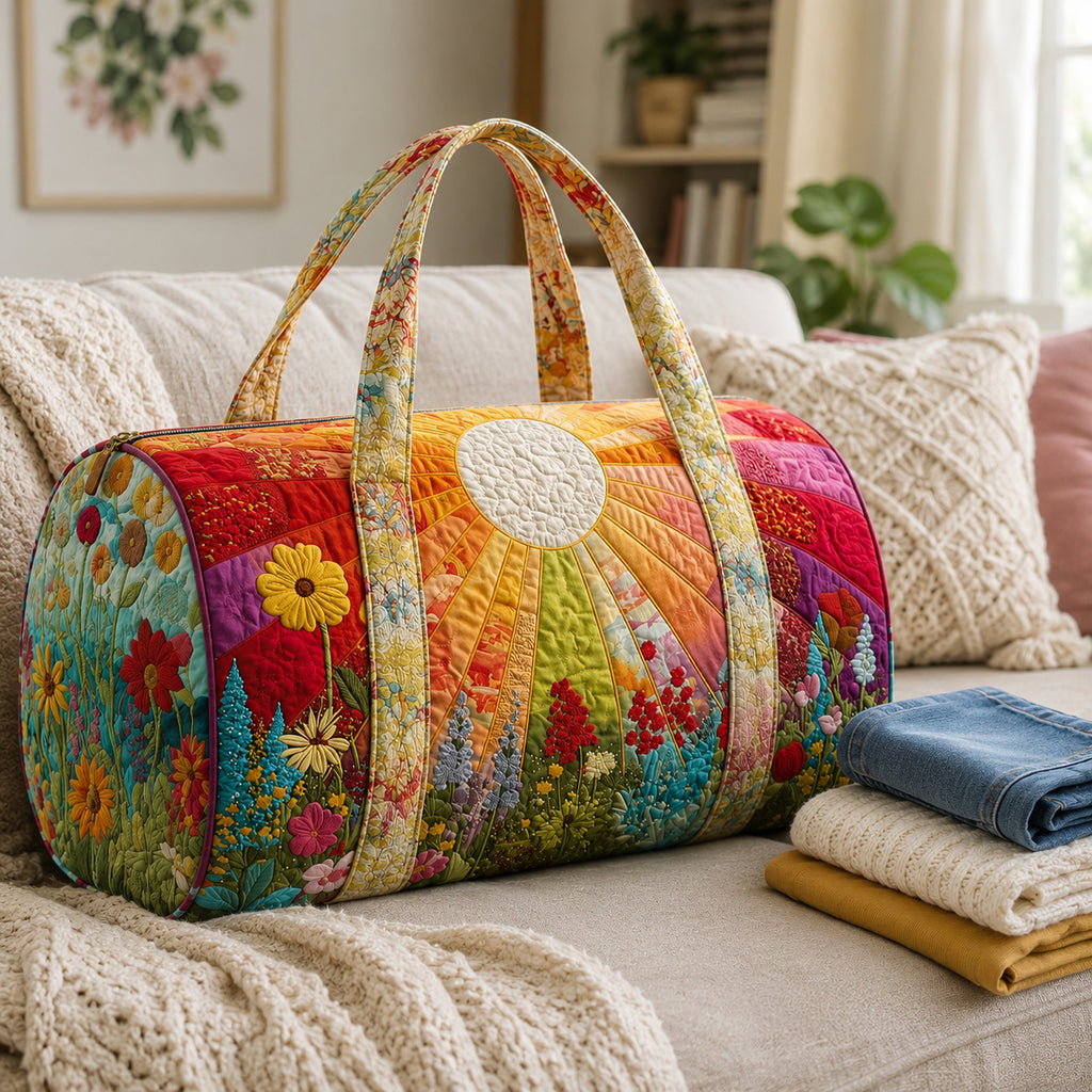 Sunshine Wildflower Quilted Duffle Bag, Custom Floral Duffle Bag, Boho Overnight Bag, Quilted Travel Bag, Quilted Weekend Bag, Custom Bag Gift DFB04