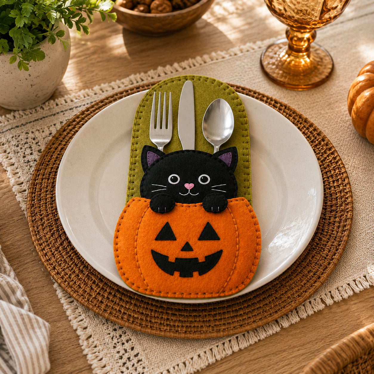 Halloween Black Cat Pumpkin Felt Cutlery Holder, Handmade Black Cat Silverware Holder, Halloween Table Decor, Cutlery Pocket, Holiday Dining Decor FELTCH04
