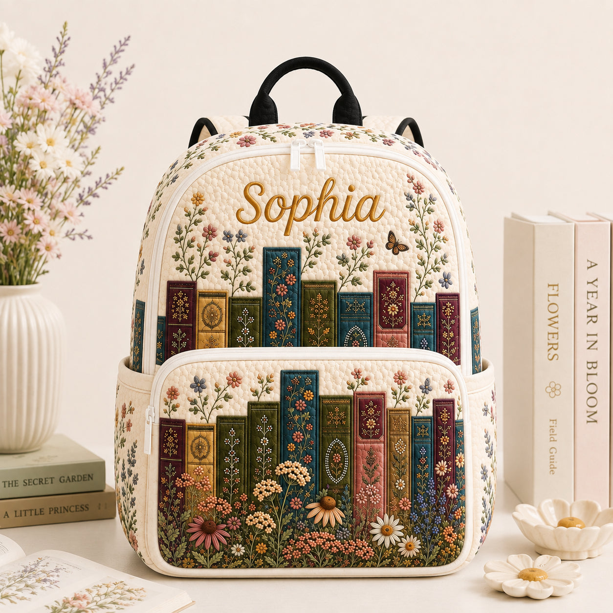 Personalized Floral Quilted Backpack, Custom Book Lover Backpack, Vintage Books Wildflowers School Bag, Travel Bag, Back To School Backpack QBP01