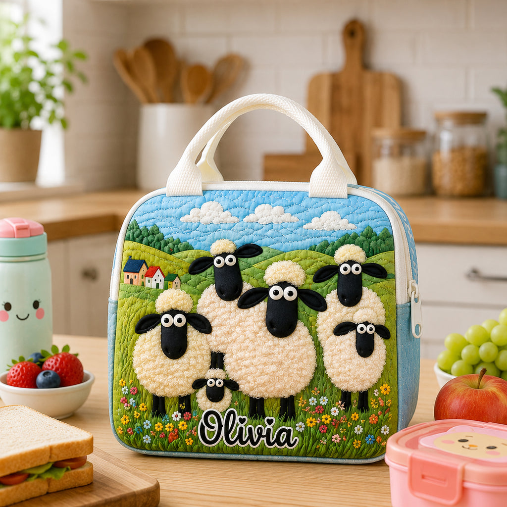Sheep Quilted Lunch Bag, Insulated Quilted Lunch Tote, Animal Lunch Bag, Back To School Bag, Custom Kid Lunch Bag, Picnic Bag, Reusable Lunch Tote QLB04