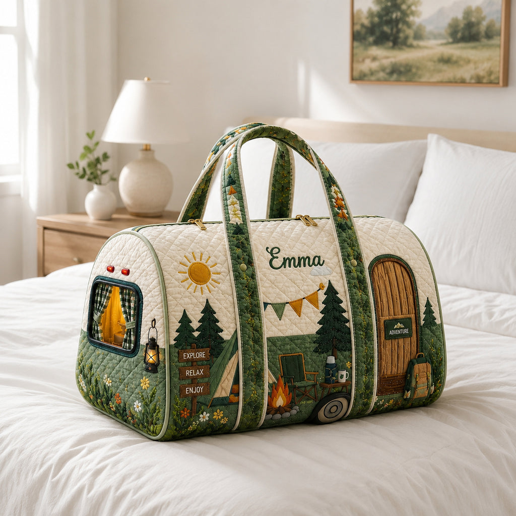 Personalized Camper Adventure Quilted Duffle Bag, Custom Camping Travel Bag, RV Weekender Bag, Outdoor Gift for Family DFB26