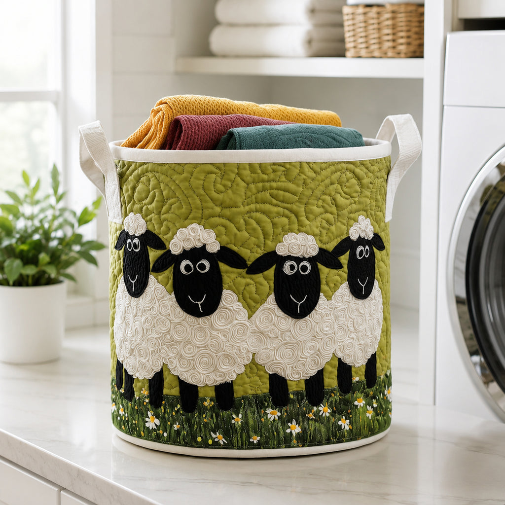 Cute Sheep Pattern Quilted Laundry Basket, Custom Sheep Storage Hamper, Custom Name Quilted Basket, Laundry Room Decor, Fabric Clothes Basket QBK78