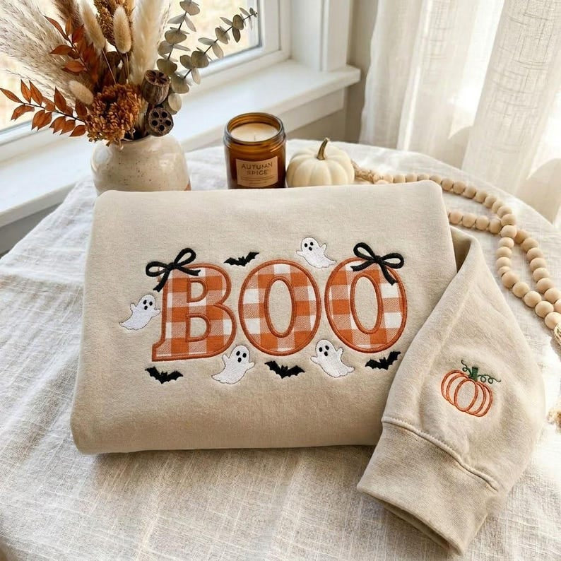 Embroidered Varsity Boo Shirt, Spooky Coquette Bow Shirt, Trendy Fall Ghost Tee, Fall Season Shirt, Autumn Girly Gift HLNS04