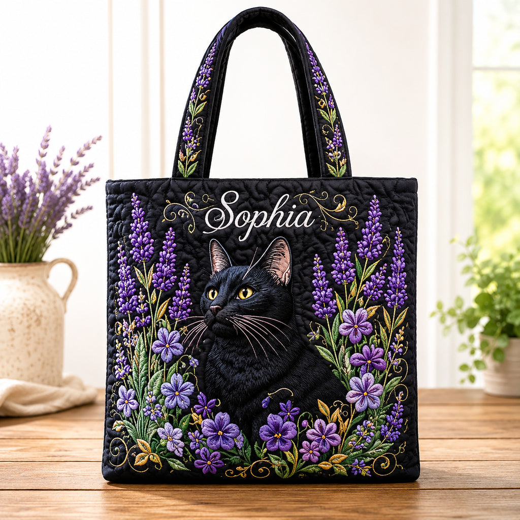 Lavender Floral Cat Quilted Tote Bag, Black cat Floral Tote Bag, Quilted Shoulder Bag, Quilted Book Bag, Fabric Bag QTOTE55