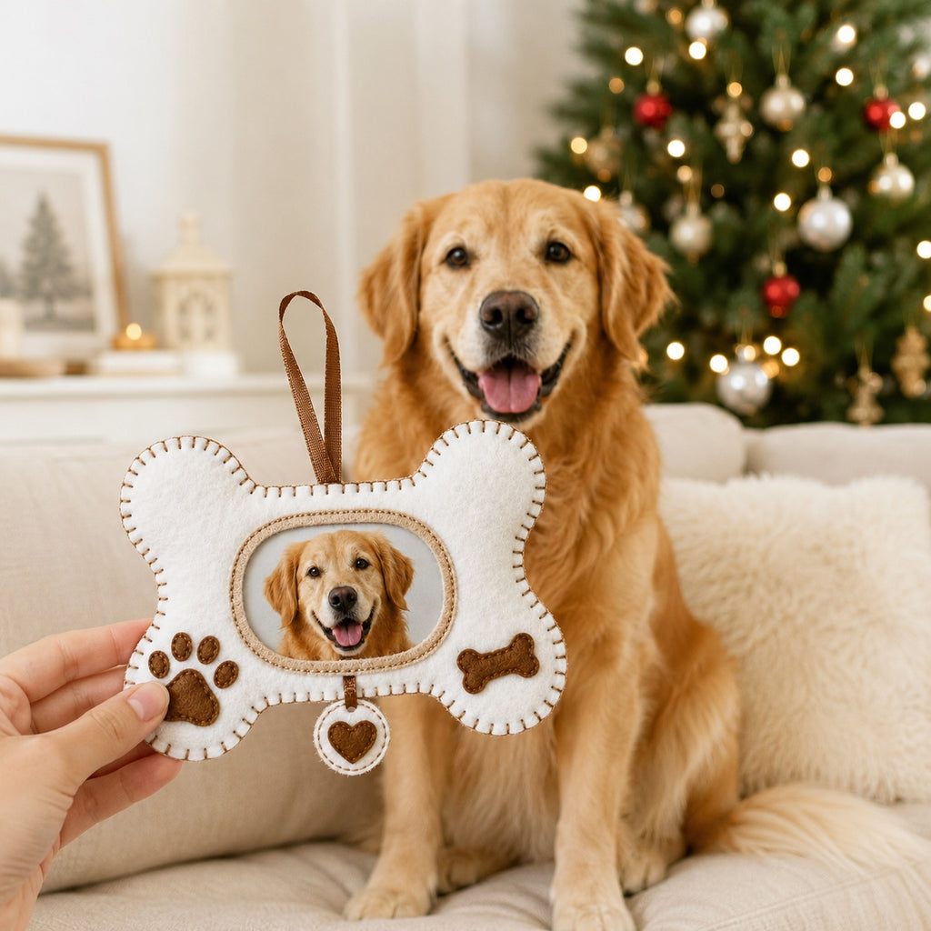 Custom Pet Photo Dog Bone Felt Ornament, Personalized Christmas Tree Decoration, Handmade Pet Keepsake, Dog Memorial Gift NHFOR11
