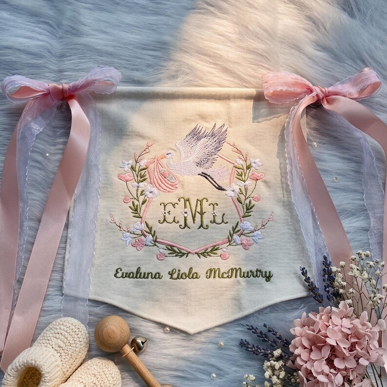 Personalized Embroidered Baby Name Banner, Custom Nursery Pennant with Floral Stork Design, Newborn Gift & Baby Shower Decor BBFLAG04