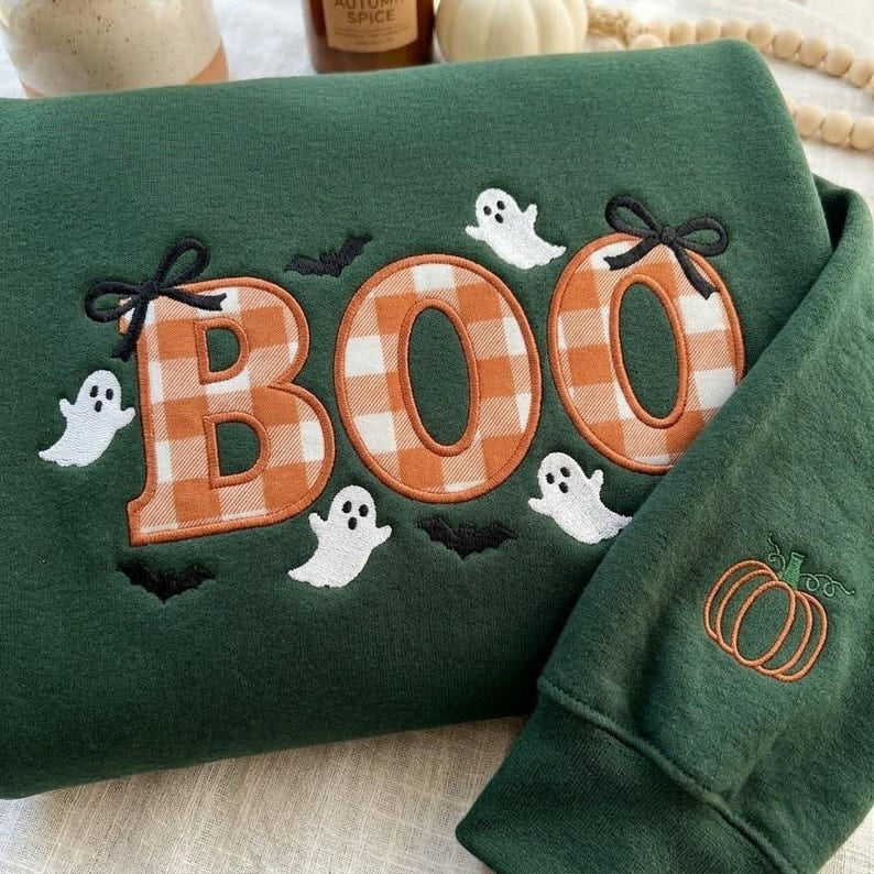 Embroidered Varsity Boo Shirt, Spooky Coquette Bow Shirt, Trendy Fall Ghost Tee, Fall Season Shirt, Autumn Girly Gift HLNS04