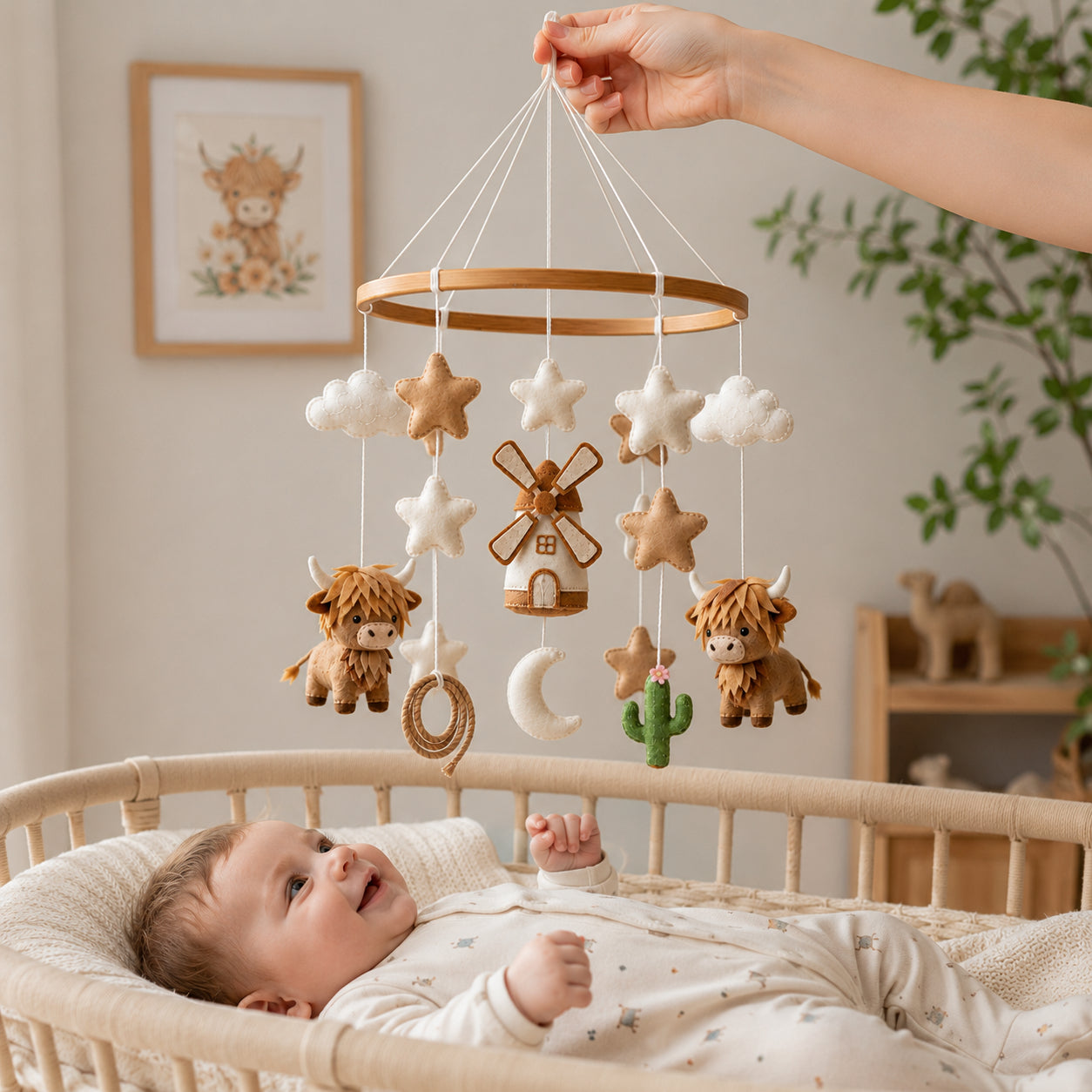 Personalized Highland Cow Felt Baby Mobile, Handmade Farm Nursery Crib Mobile, Highland Cattle, Windmill, Moon and Stars Baby Room Decor BBMB04