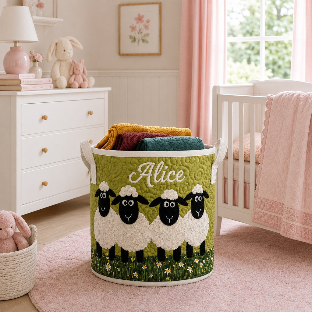 Cute Sheep Pattern Quilted Laundry Basket, Custom Sheep Storage Hamper, Custom Name Quilted Basket, Laundry Room Decor, Fabric Clothes Basket QBK78