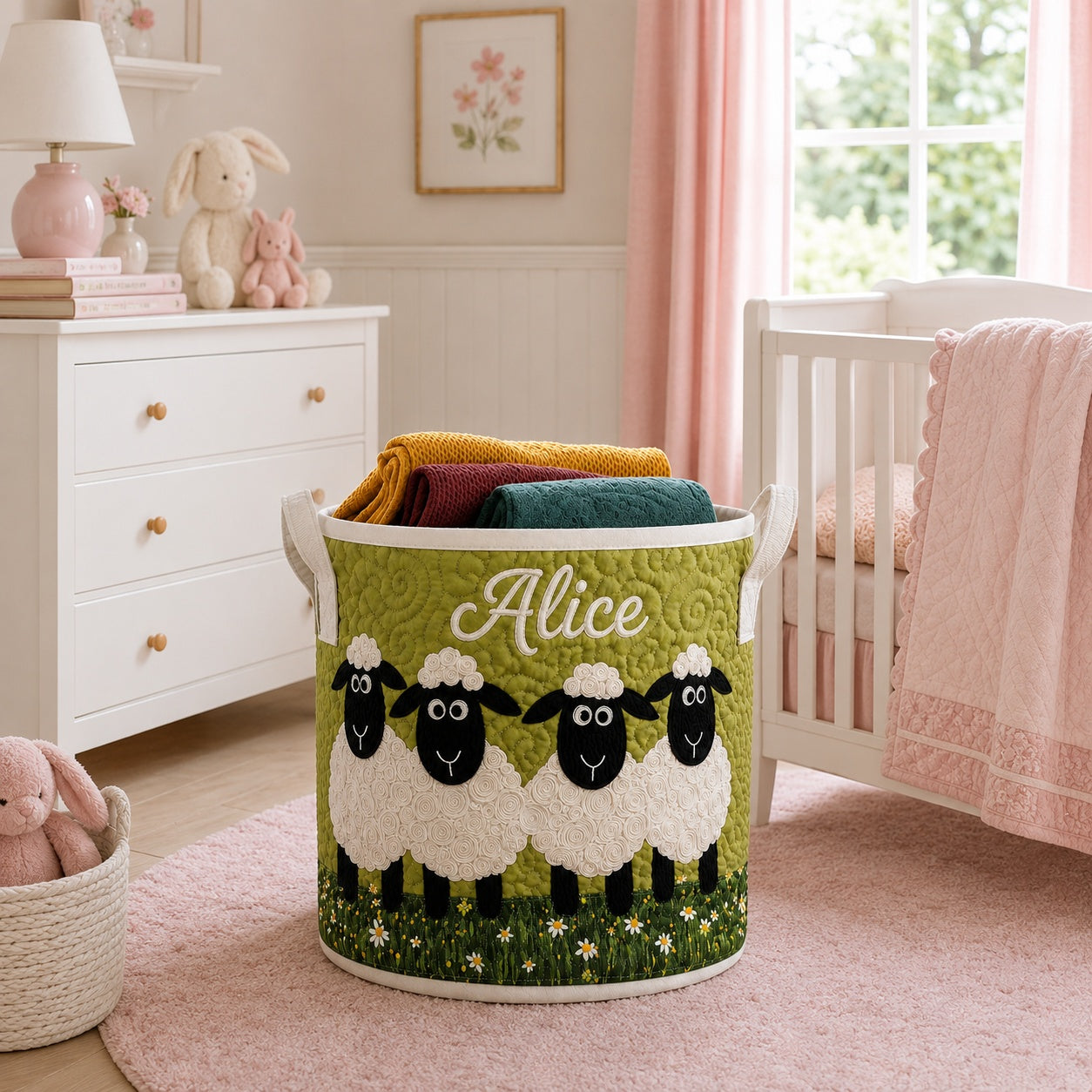 Cute Sheep Pattern Quilted Laundry Basket, Custom Sheep Storage Hamper, Custom Name Quilted Basket, Laundry Room Decor, Fabric Clothes Basket QBK78