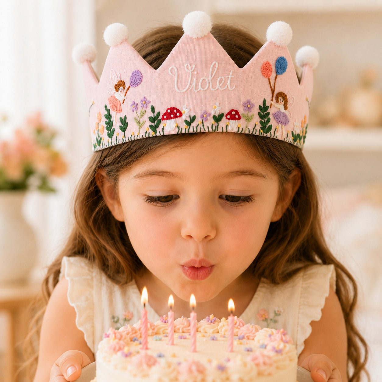 Hand-Embroidered Floral And Angel Linen Birthday Crown, Personalized Floral Name Keepsake, Birthday Crown For Kid, Custom Embroidered Crown EMC03