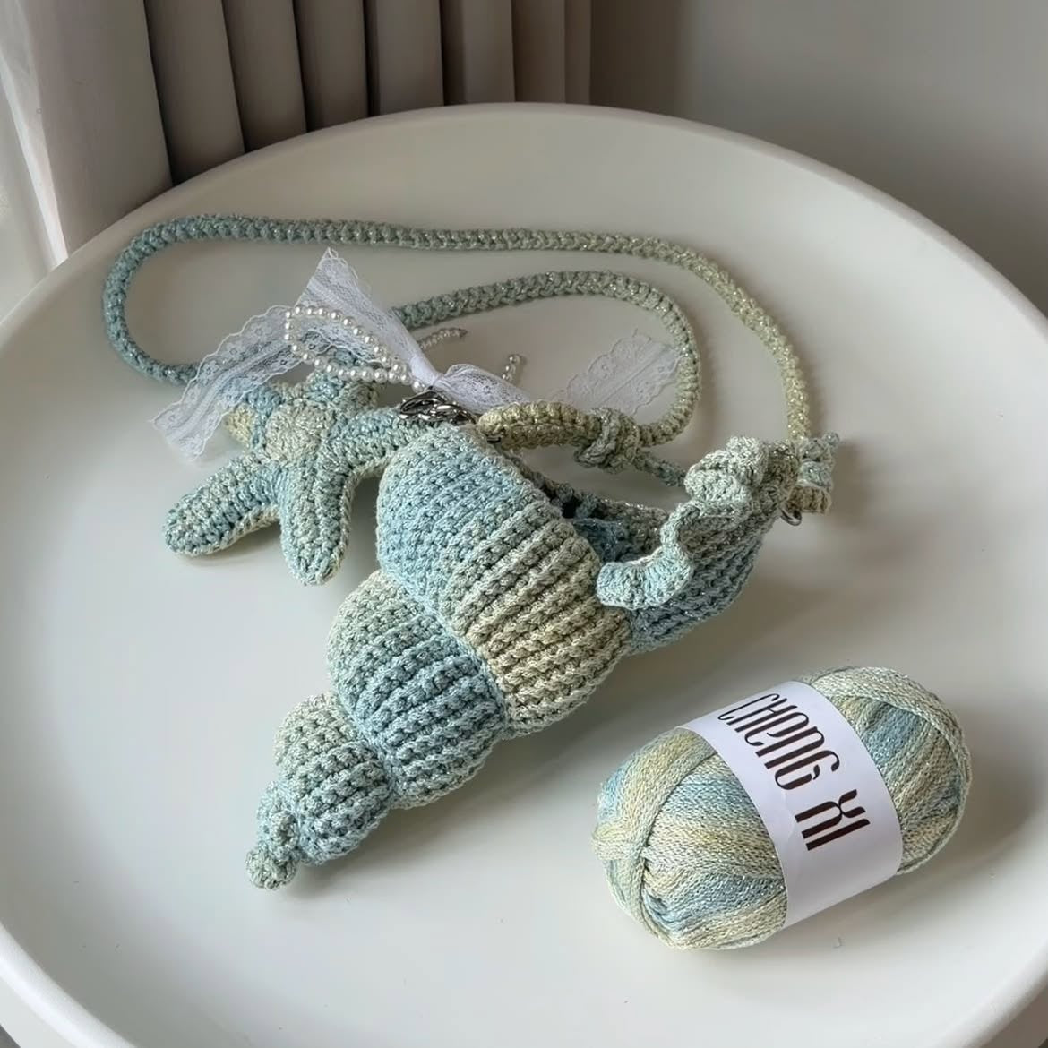 Crochet Seashell Crossbody Bag, Handmade Ocean Bag, Blue Starfish Shoulder Bag, Beach Summer Bag, Cute Coastal Gift for Her Crochet01