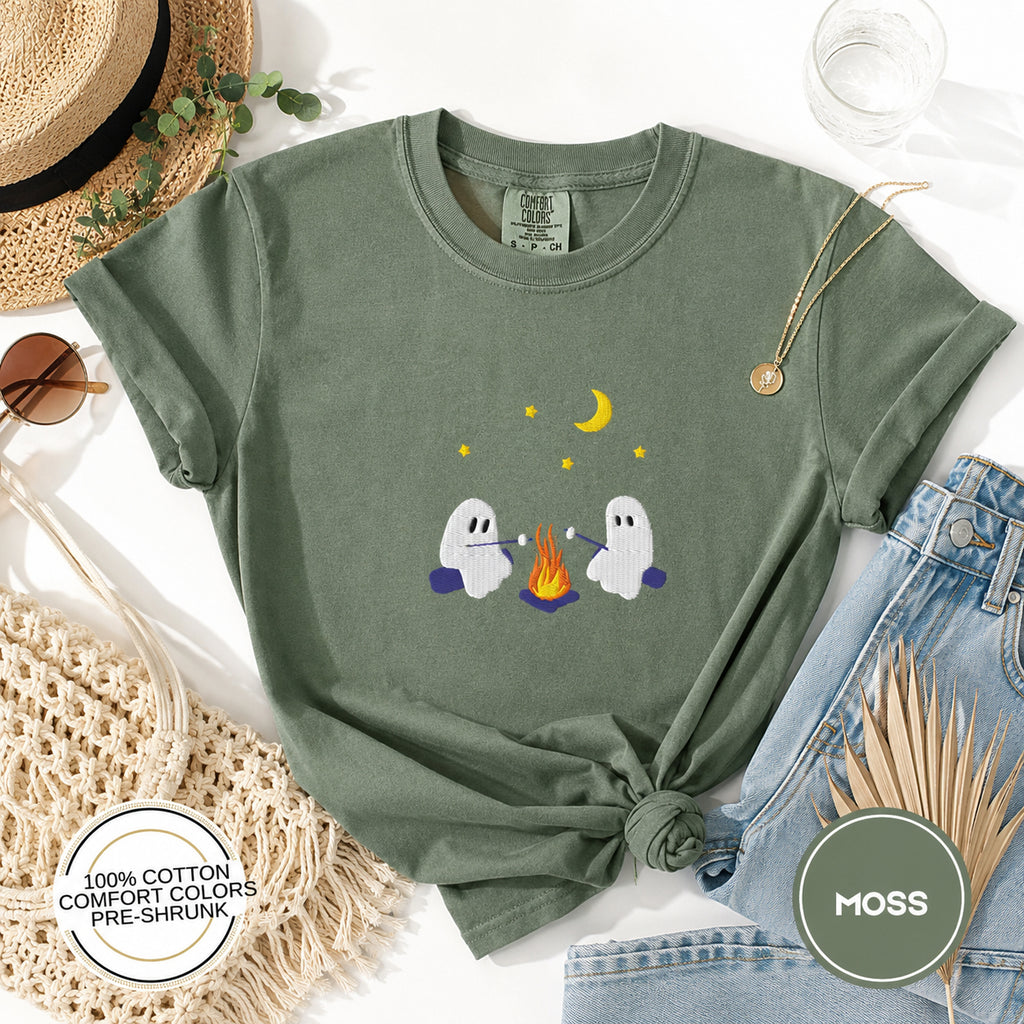 Cute Ghosts Camping Embroidered Shirt, Spooky Season Outdoors Gifts, Halloween Vintage Embroidery Shirt, Unisex Shirt HLEM04