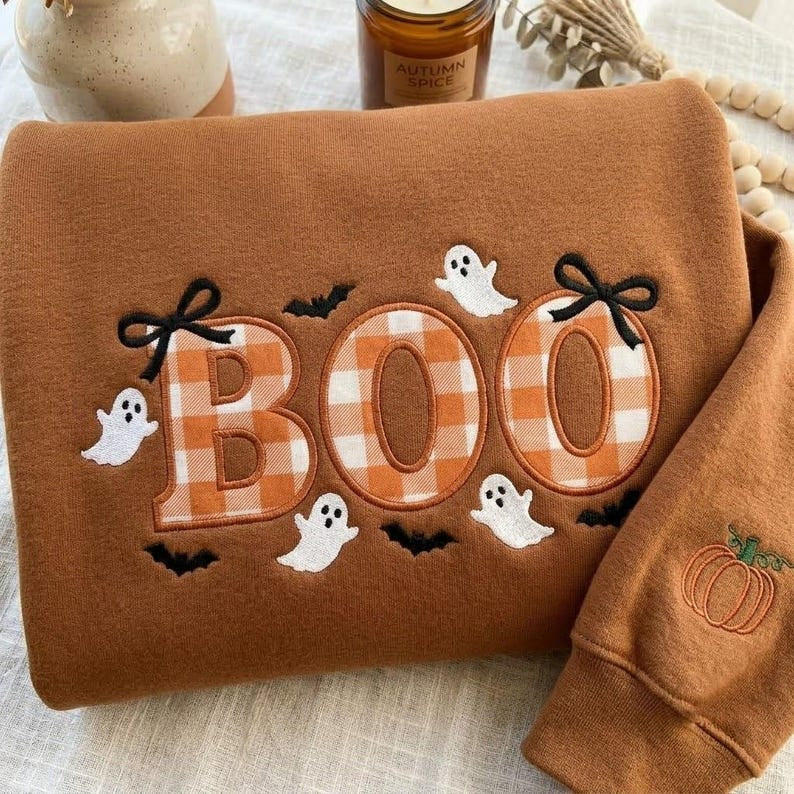 Embroidered Varsity Boo Shirt, Spooky Coquette Bow Shirt, Trendy Fall Ghost Tee, Fall Season Shirt, Autumn Girly Gift HLNS04