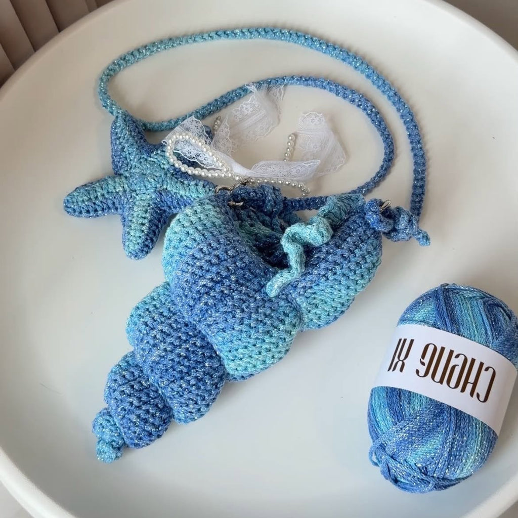 Crochet Seashell Crossbody Bag, Handmade Ocean Bag, Blue Starfish Shoulder Bag, Beach Summer Bag, Cute Coastal Gift for Her Crochet01