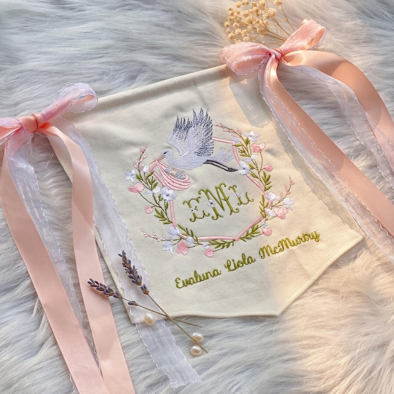 Personalized Embroidered Baby Name Banner, Custom Nursery Pennant with Floral Stork Design, Newborn Gift & Baby Shower Decor BBFLAG04