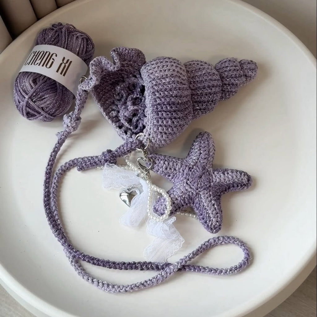 Crochet Seashell Crossbody Bag, Handmade Ocean Bag, Blue Starfish Shoulder Bag, Beach Summer Bag, Cute Coastal Gift for Her Crochet01