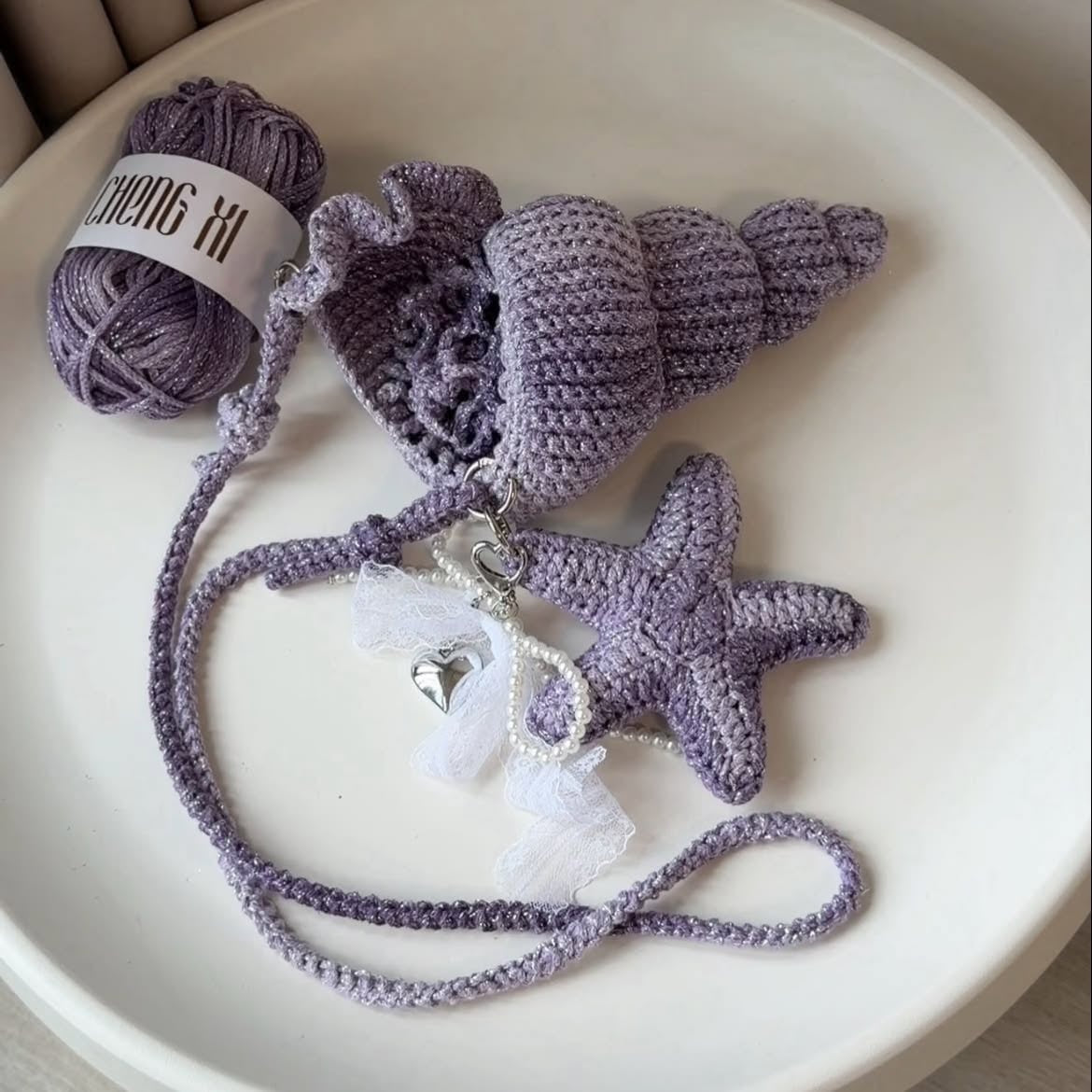Crochet Seashell Crossbody Bag, Handmade Ocean Bag, Blue Starfish Shoulder Bag, Beach Summer Bag, Cute Coastal Gift for Her Crochet01
