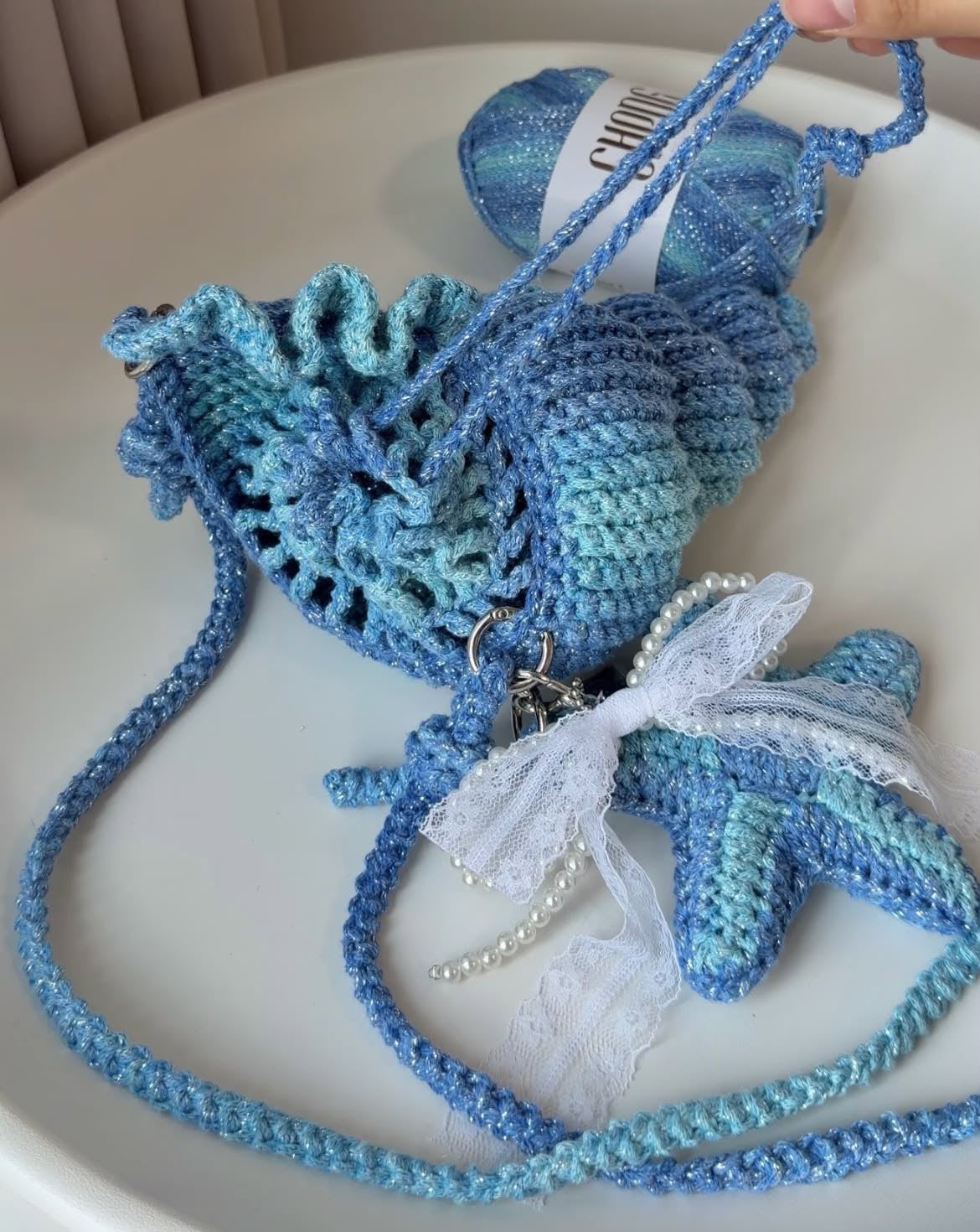 Crochet Seashell Crossbody Bag, Handmade Ocean Bag, Blue Starfish Shoulder Bag, Beach Summer Bag, Cute Coastal Gift for Her Crochet01