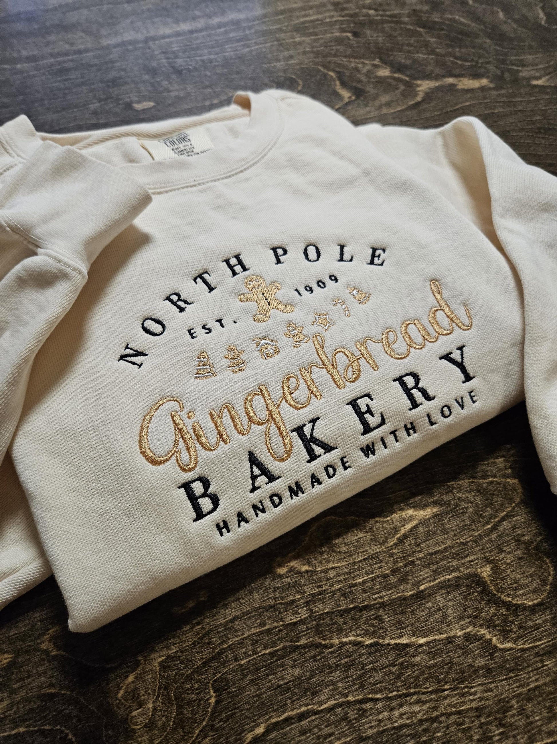 North Pole Gingerbread Bakery Embroidered Sweatshirt, Vintage Christmas Crewneck, Gingerbread Shirt, Cozy Holiday Sweater Gift