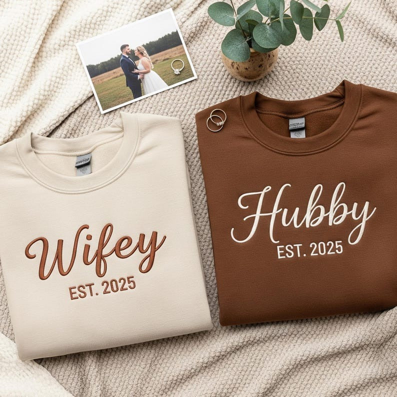 Wifey and Hubby Sweatshirt Set, Matching Couple Embroidered Sweater, Personalized Wedding Gift, EST Year, Bride and Groom Outfit