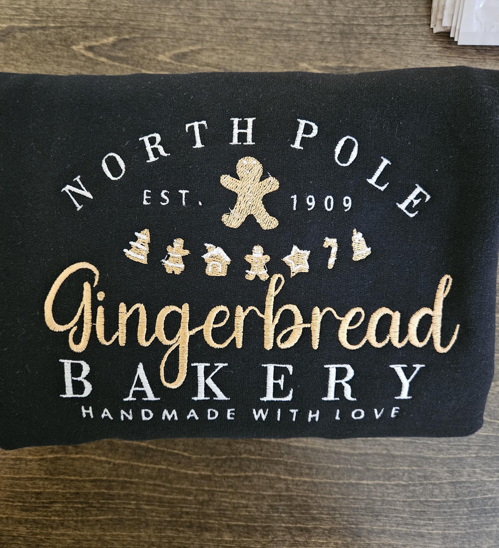 North Pole Gingerbread Bakery Embroidered Sweatshirt, Vintage Christmas Crewneck, Gingerbread Shirt, Cozy Holiday Sweater Gift