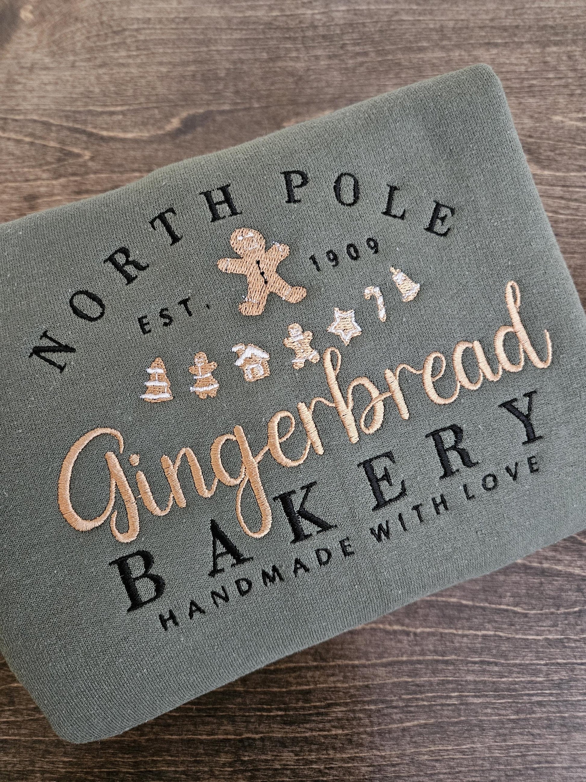 North Pole Gingerbread Bakery Embroidered Sweatshirt, Vintage Christmas Crewneck, Gingerbread Shirt, Cozy Holiday Sweater Gift
