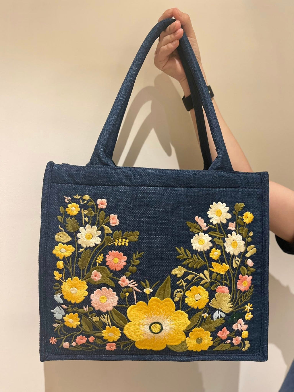 Embroidered Floral Tote Bag, Handmade Denim Shoulder Bag, Boho Flower Bag, Eco Friendly Reusable Bag, Gift for Her