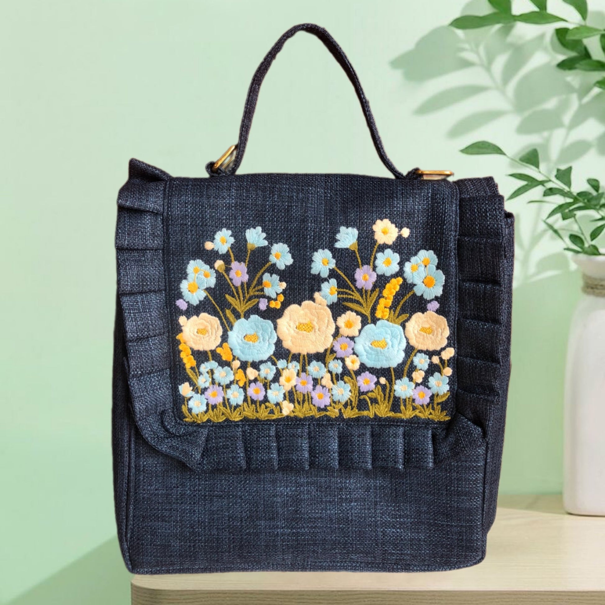 Floral Embroidered Denim Bag, Handmade Flower Bag, Cottagecore Shoulder Bag, Boho Gift for Her