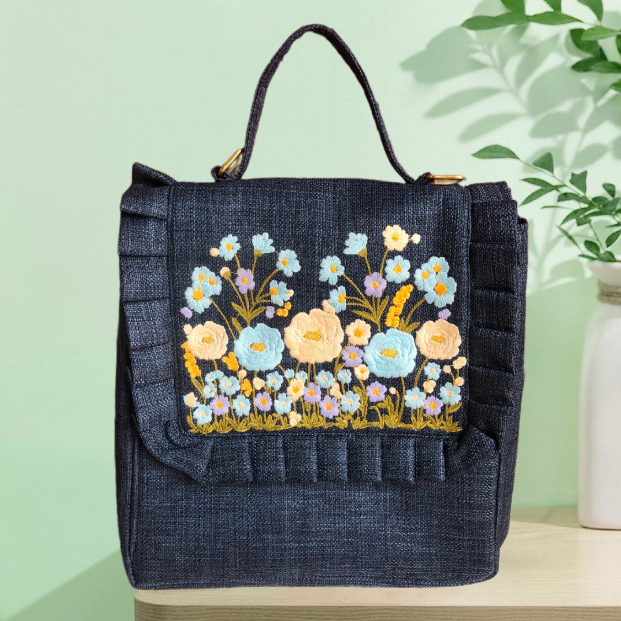 Floral Embroidered Denim Bag, Handmade Flower Bag, Cottagecore Shoulder Bag, Boho Gift for Her