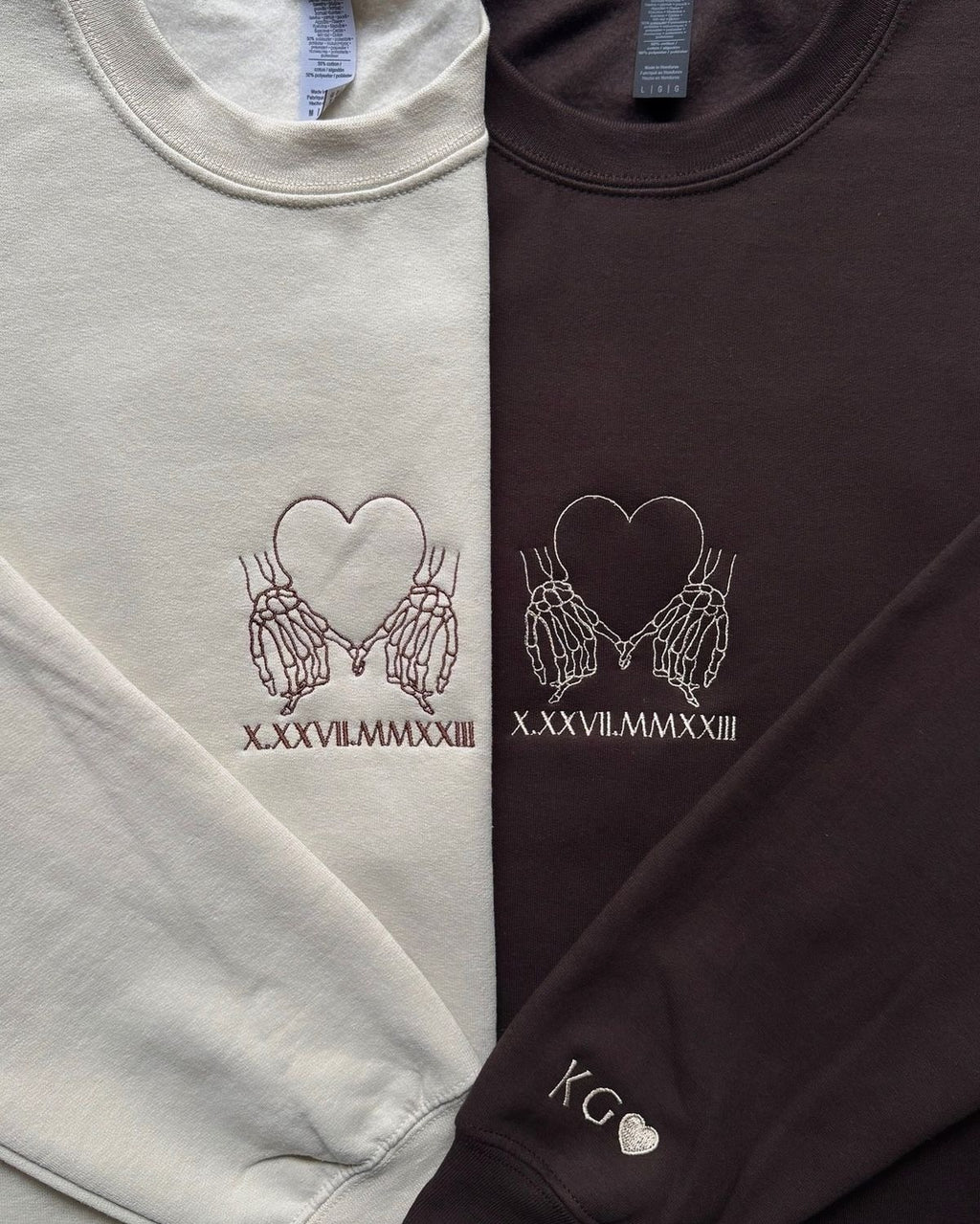 Skeleton Hands Couple Hoodie, Matching Embroidered Hoodie Set, Roman Numerals Date, Personalized Initials, Anniversary Gift