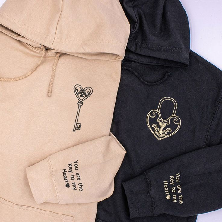 Lock and Key Couple Hoodie, Matching Embroidered Hoodie Set, Roman Numerals Date, Personalized Quote, Anniversary Gift for Lovers