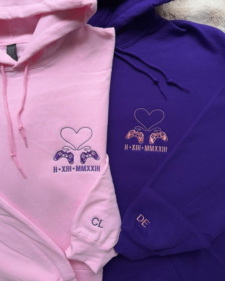 Gamer Couple Hoodie, Matching Game Controller Embroidery, Personalized Date & Initials, Anniversary Gift for Him and Her