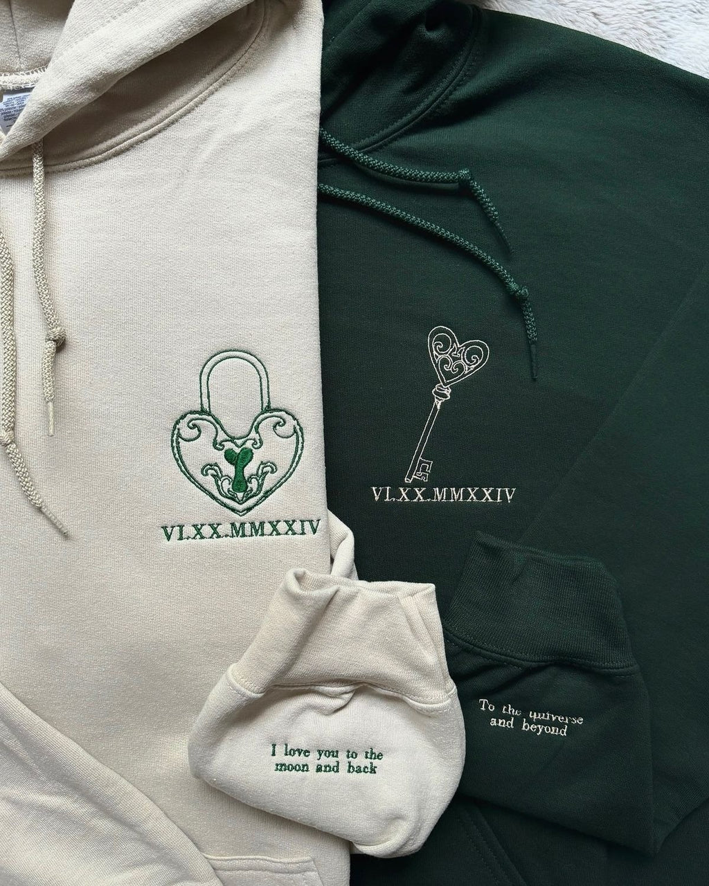 Lock and Key Couple Hoodie, Matching Embroidered Hoodie Set, Roman Numerals Date, Personalized Quote, Anniversary Gift for Lovers