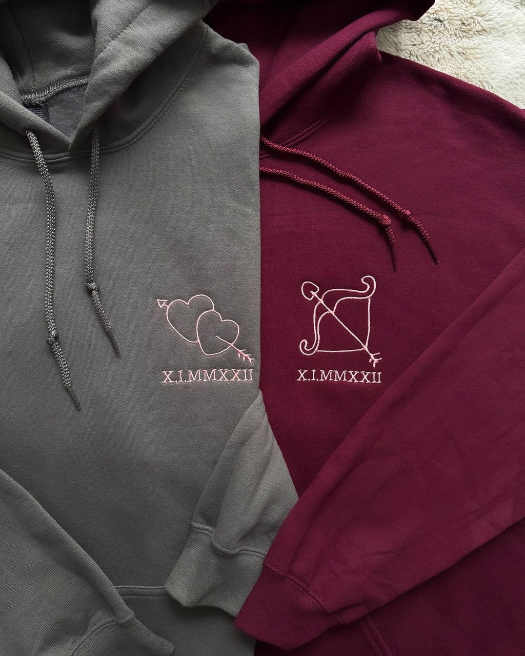 Cupid Arrow Couple Hoodie, Matching Embroidered Hoodie Set, Roman Numerals Date, Minimalist Lovers Outfit Gift