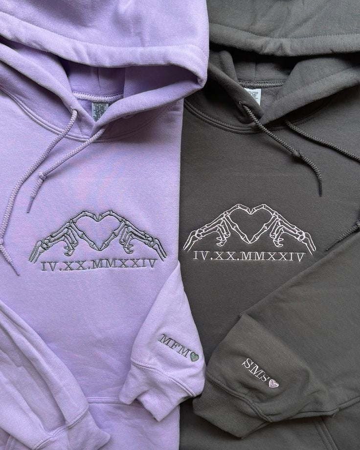 Skeleton Heart Hoodie, Matching Couple Embroidery Set, Roman Numerals Date, Minimalist Outfit, Personalized Gift