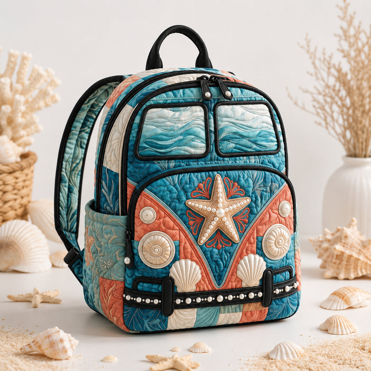 Sea Pattern Quilted Backpack, Beach Backpack, Mini Travel Bag, School Bag, Back To School Backpack QBP24