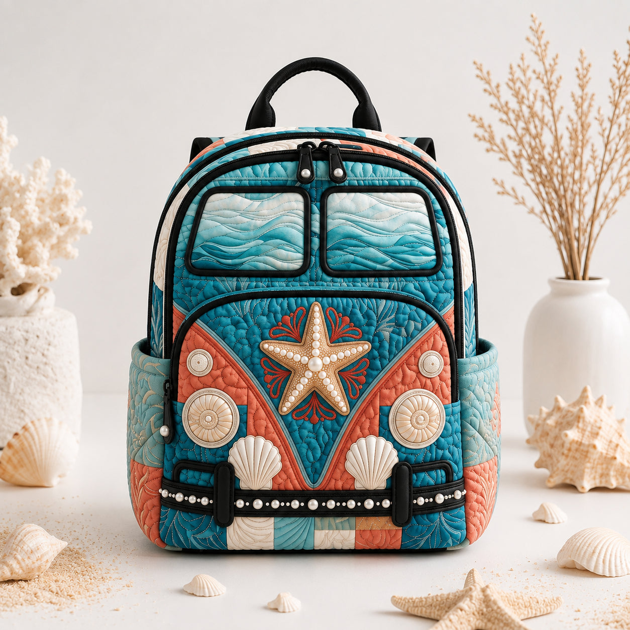 Sea Pattern Quilted Backpack, Beach Backpack, Mini Travel Bag, School Bag, Back To School Backpack QBP24