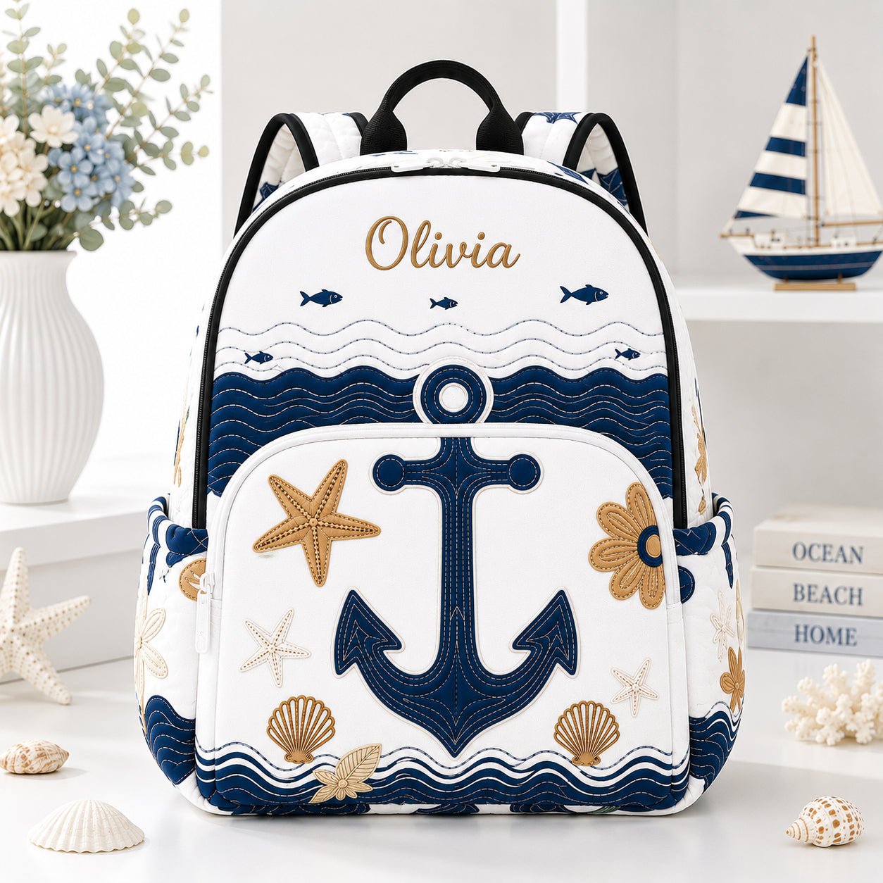 Nautical Quilted Backpack, Coastal Ocean Backpack, Mini Travel Bag, School Bag, Back To School Backpack QBP27