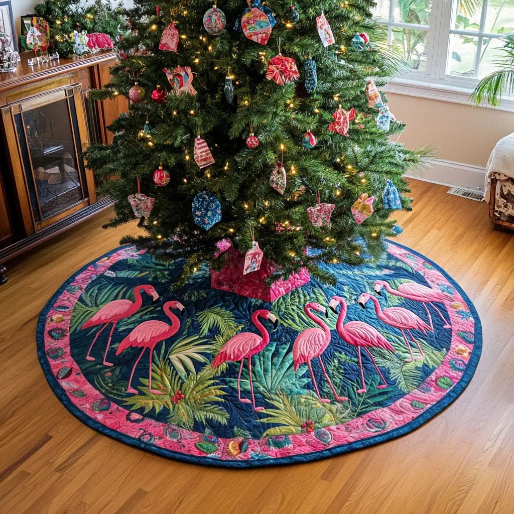 Flamingo Pattern Quilted Tree Skirt, Patchwork Xmas Tree Skirt, Holiday Decor, Xmas Tree Base Cover, Custom Tree Skirt XMASTS44