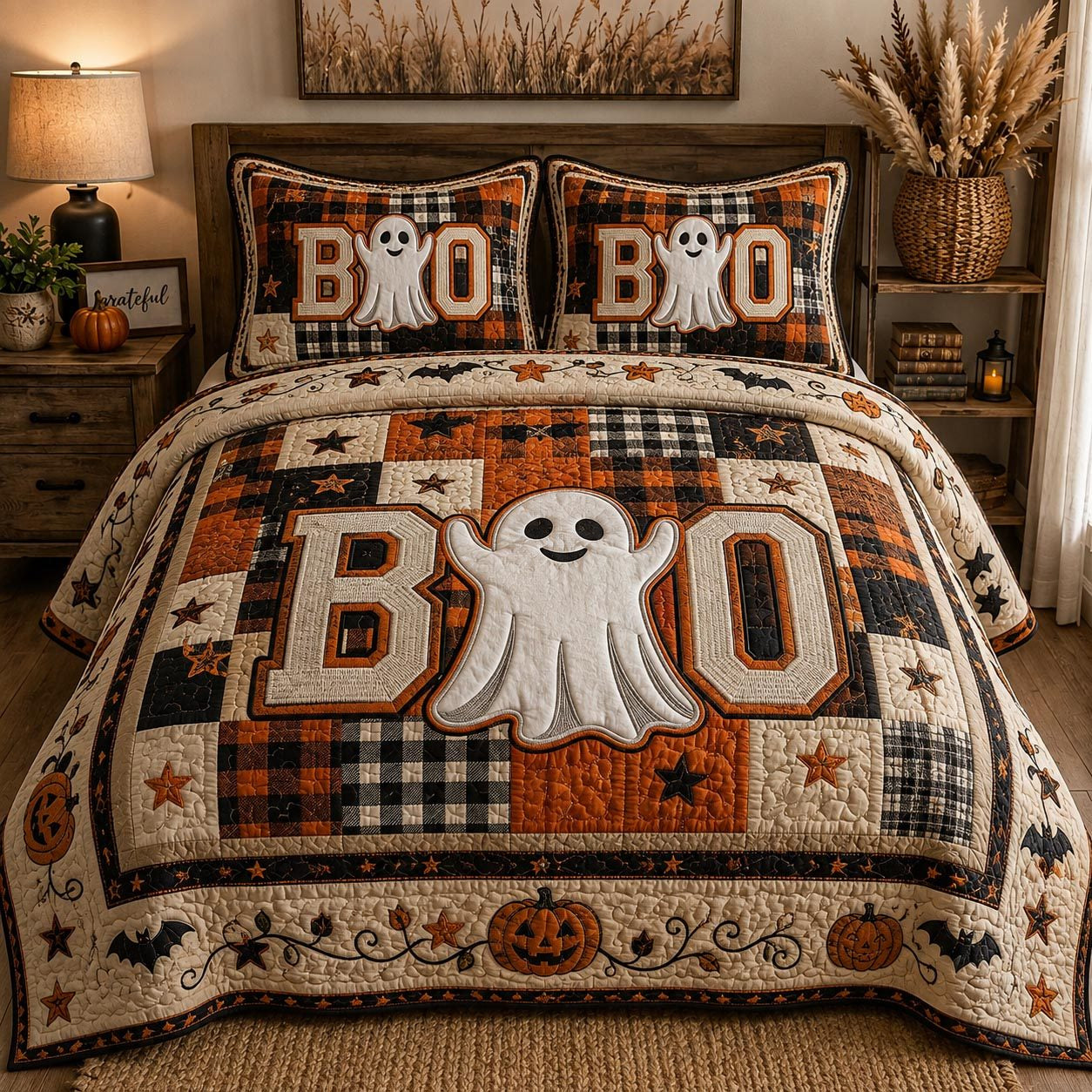 Halloween Boo Quilted Bedding Set, Pumpkin Boo Blanket, Quilt with Pillow Covers, Bedroom Decor QBEDSET70